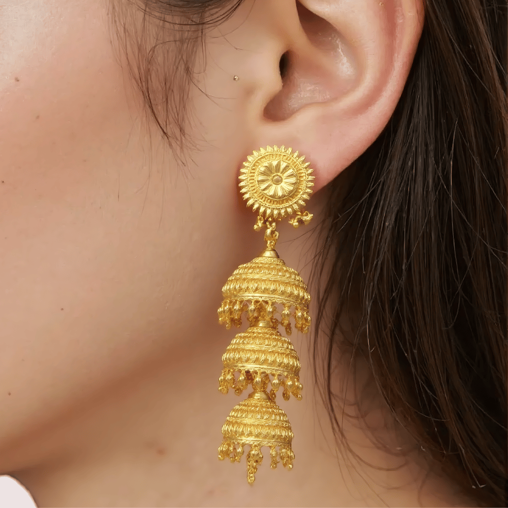 Triple-Tiered Gold Jhumka Earrings - Earrings | Buy online on ZillyBuy
