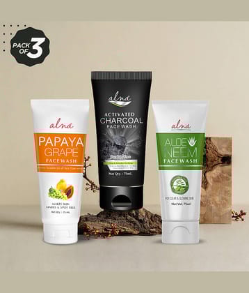 Alna Papaya Grape Face Wash with Charcoal Face Wash & Neem Face Wash 75ml Each , Pack of 3