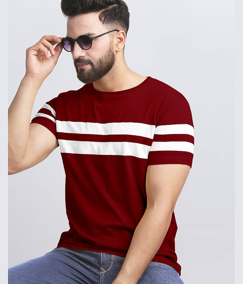 ENITOR Men Cotton Blend Regular Fit Striped T-Shirt ( Maroon )