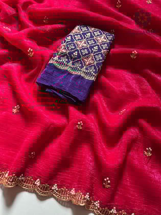 New Partywear Crunchy Chiffon Crush Silk Embroidery n Cut Work Fancy Designer Saree With Heavy Work Blouse-Red