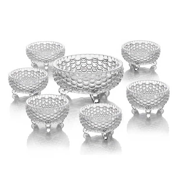 Crystal Glass Bowl Set of 7 pcs with 1 Large Bowl & 6 Small Bowls for Serving Snacks, Pudding, Dessert, Fruits and Kitchen Purpose (Fish Design)