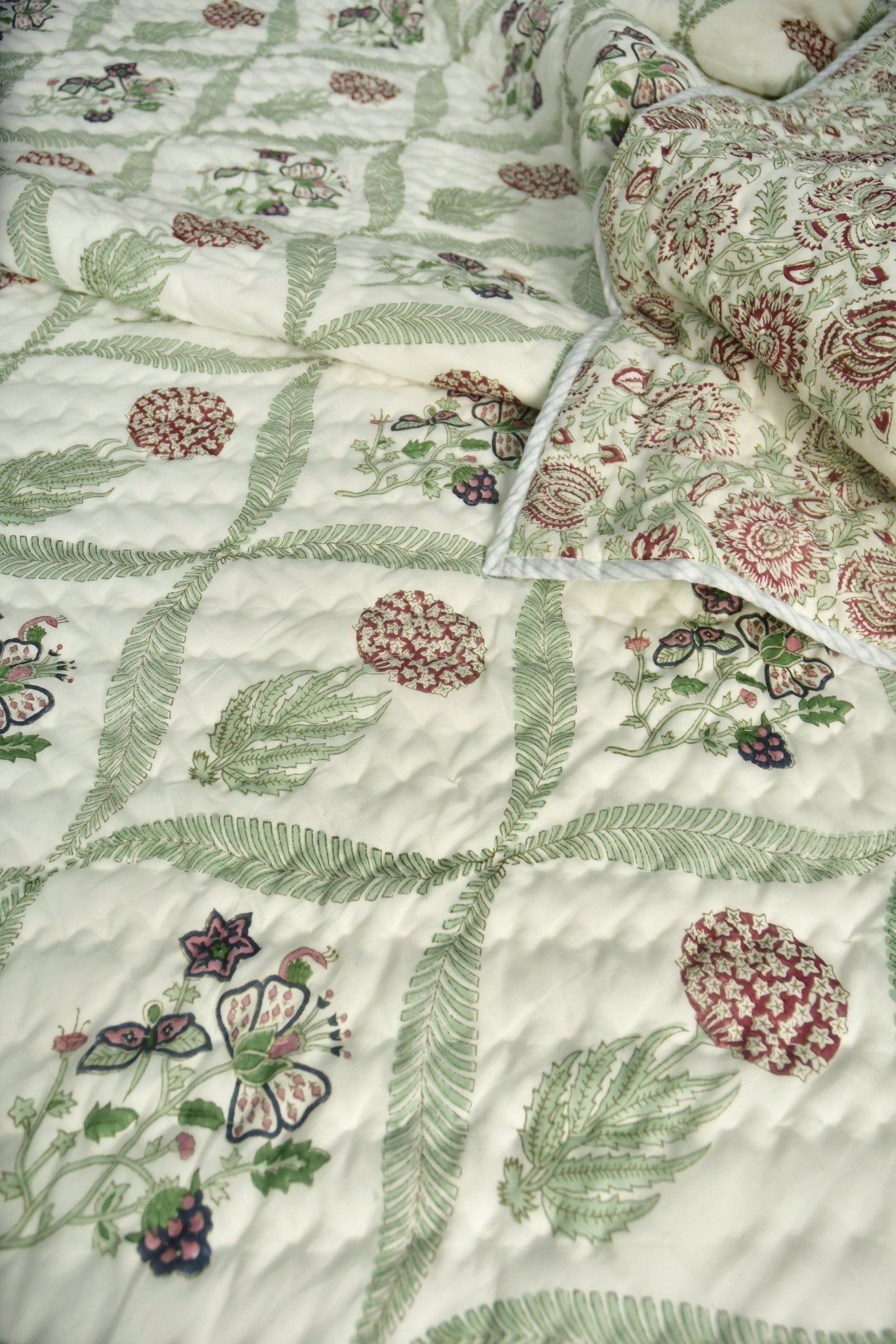 Butterfly and floral jaal mul mul Handblock Quilt Double 90x108 inches
