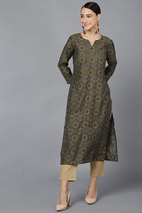 Olive Poly Silk A-Line Kurta VCK8689
