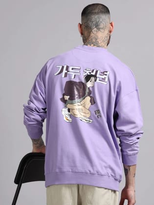 Men Printed Oversized Sweatshirt Pure Cotton Full Sleeve Lavender-XXS / Purple