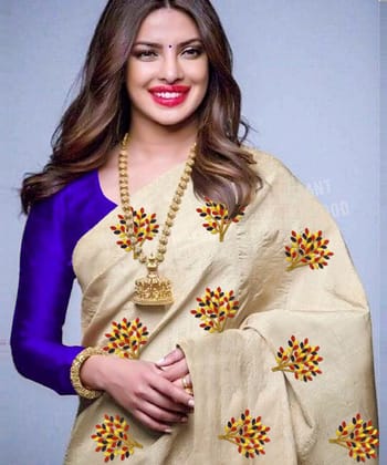 Royal Blue and Cream Colored Party wear Embroidered South Silk Saree