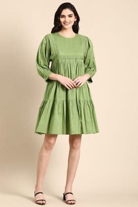Freyaa Natural Charm A Cotton Green Dress-GREEN / M