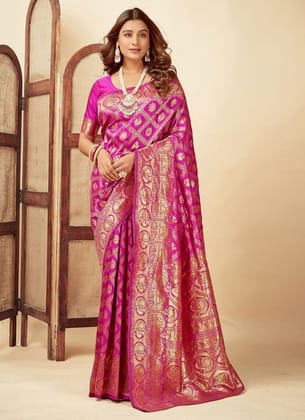 Generic Women's Jacquard Printed Saree with Unstitched Blouse Piece, Soft Lightweight 5.5 m Sari for Daily, Office and Wear (Pink, Design 67636)