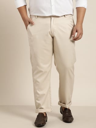 Men's Cotton Blend Beige Solid Trousers-40