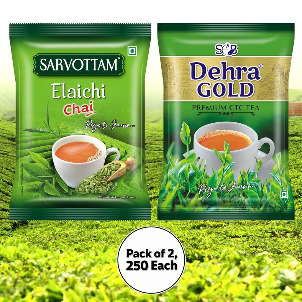 Sarvottam Dehra Gold Premium CTC & Elaichi, Premium Cardamom Flavoured Combo Tea Pack, 500g (Pack of 2, 250g each)