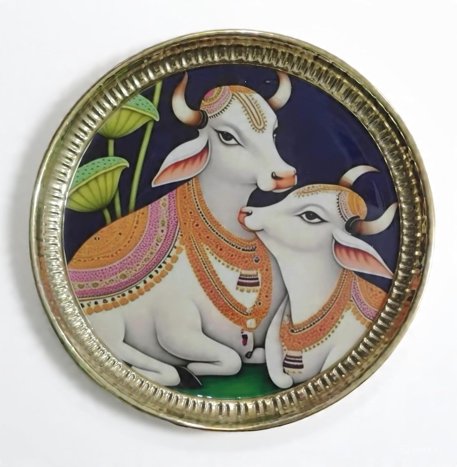 Gold Traditional Hand-Painted Brass Decorative Plate, Yellow With Cow Peacock And Lotus Design With Border
