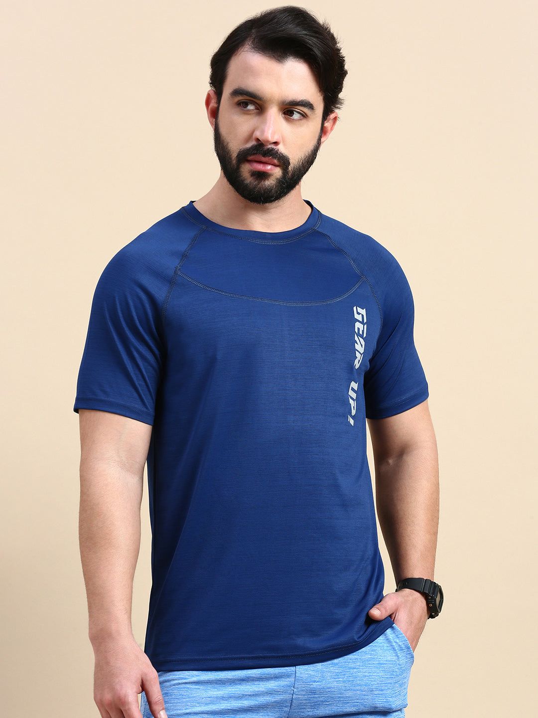 Classic Polo Men's Round Neck Polyester Navy Blue Slim Fit Active Wear T-Shirt | GENX-CREW 13A SF C