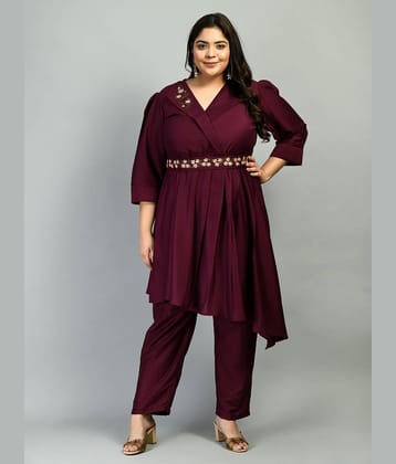 PrettyPlus by Desinoor - Wine Asymmetrical Cotton Silk Women's Stitched Salwar Suit ( Pack of 1 )