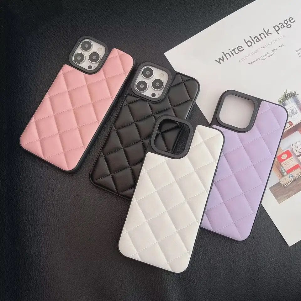 Classic Diamond Grid Luxury Leather iPhone Hybrid Silicone Case-iPhone 14 Pro Max / White