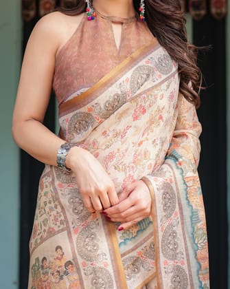 Ivory with Floral Prints Linen Cotton Handloom Printed Saree, Festive Procession Pallu, and Tassels-Regular