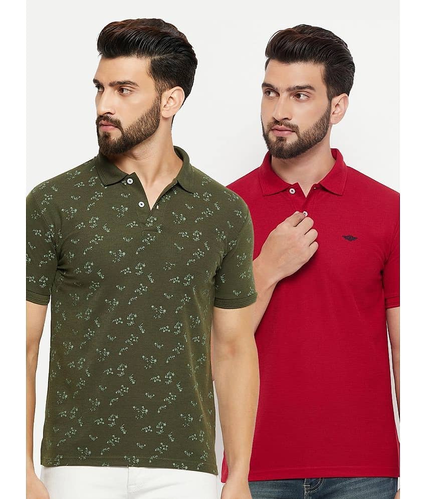 GET GOLF Pack of 2 Cotton Blend Regular Fit Printed Half Sleeves Men's Polo T Shirt ( Olive )