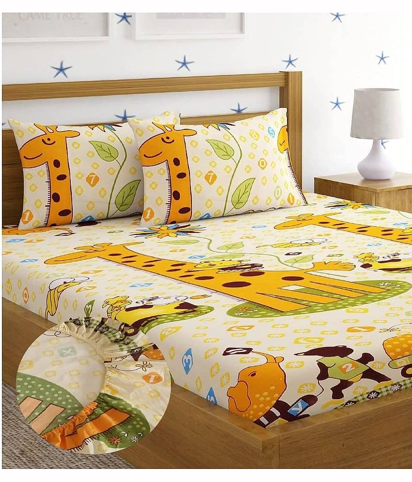 YKNIP Cotton Animal Fitted 1 Bedsheet with 2 Pillow Covers ( King Size ) - Yellow