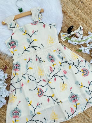 Exquisite Embroidery Work on Pure Khadi Cotton Fabric Kids Frock-White / 0-3 Month
