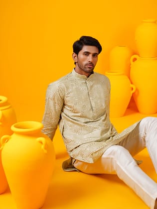 Men's Cotton Silk All over Mirror Embroidered Pista Long Kurta-42