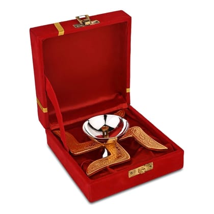 Prisha India Craft Brass Swastik Diya Religious Antique with Red Velvet Box for Pooja Decorative Lantern Diya & House Warming Anniversary Birthday 
