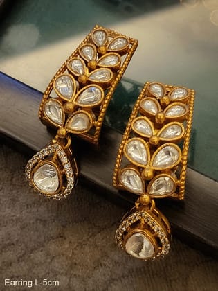 Leaf shaped kundan half bali with tear drop kundan drop 5cm long earrings