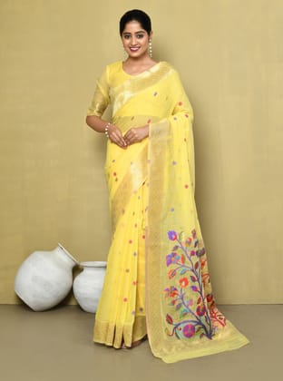 Yellow  floral cotton  Saree