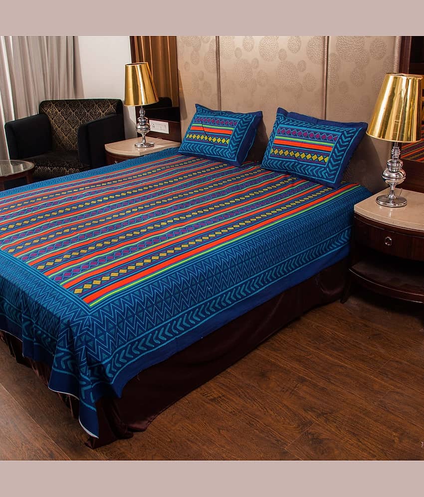 PETROSOLY Cotton 1 Double King Bedsheet with 2 Pillow Covers ( Blue )