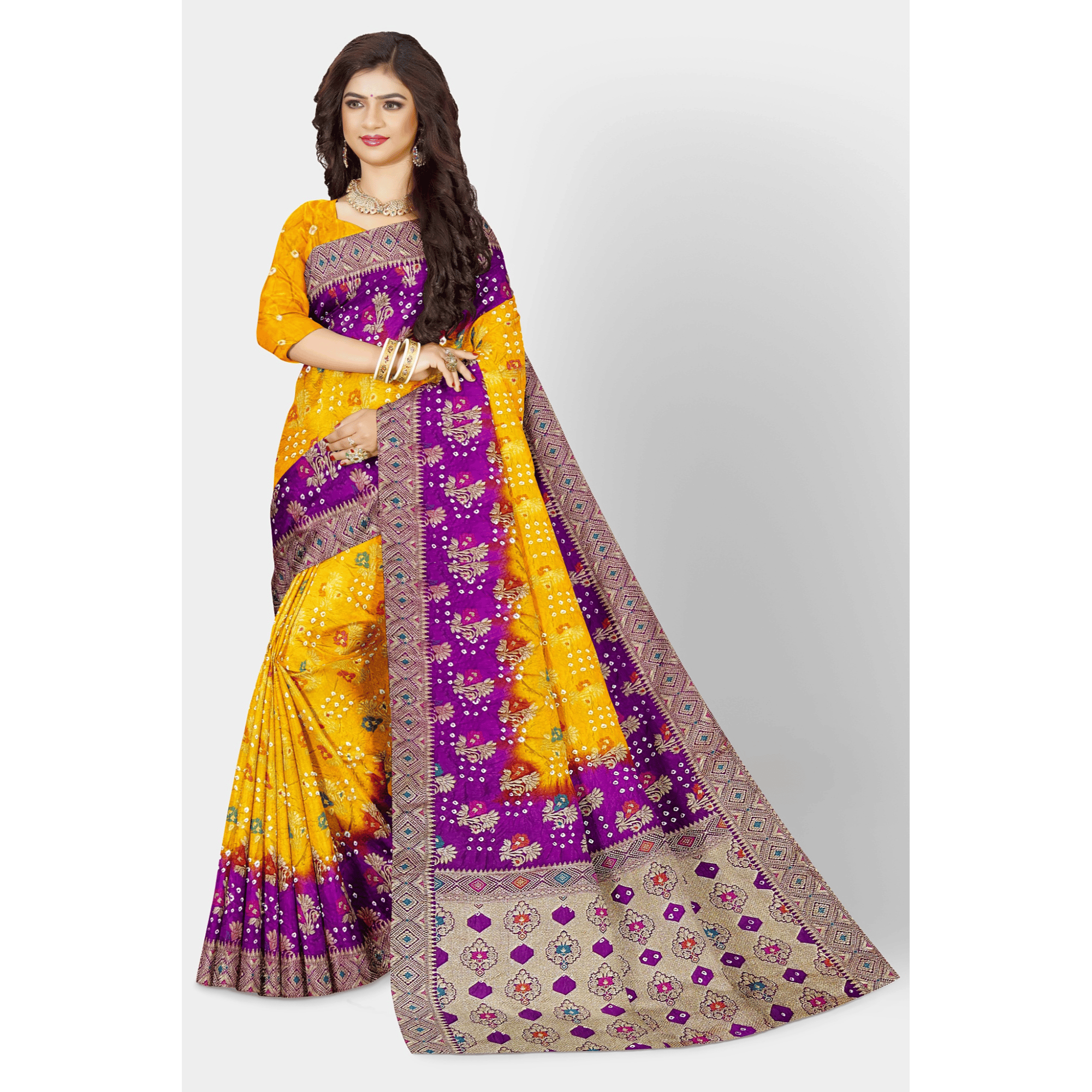 TheHangr Yellow Bandini Saree With Golden Weaving Work And Pink Border And Pallu