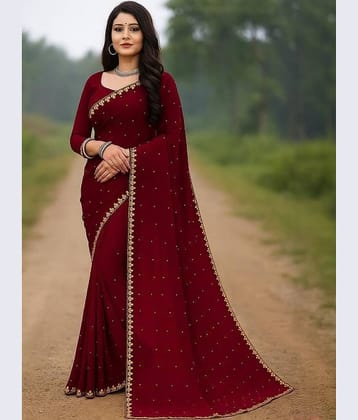 Vkaran Lycra Embellished Regular Saree With Unstitched Blouse Piece ( Maroon )