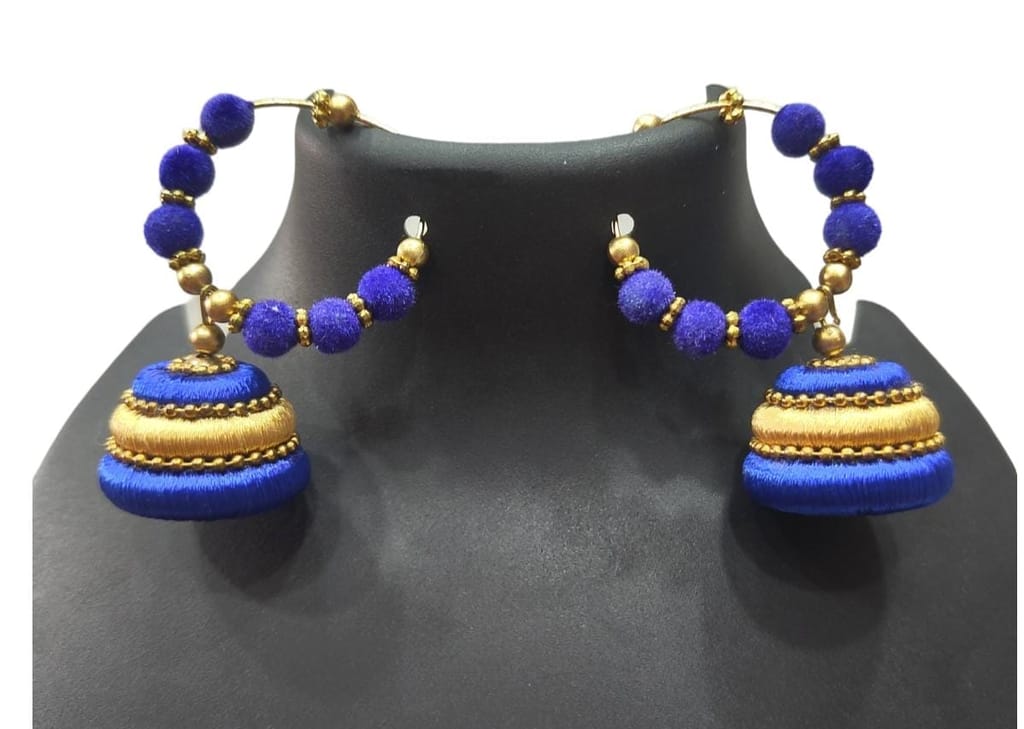 Blue Silk Thread Jhumka Earrings with Golden Beads