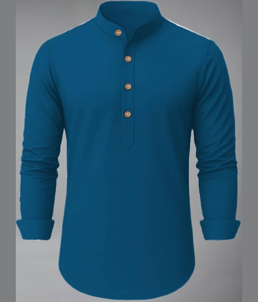 Yugnik Cotton Blend Plain Shirt Style Kurta For Men ( Indigo )