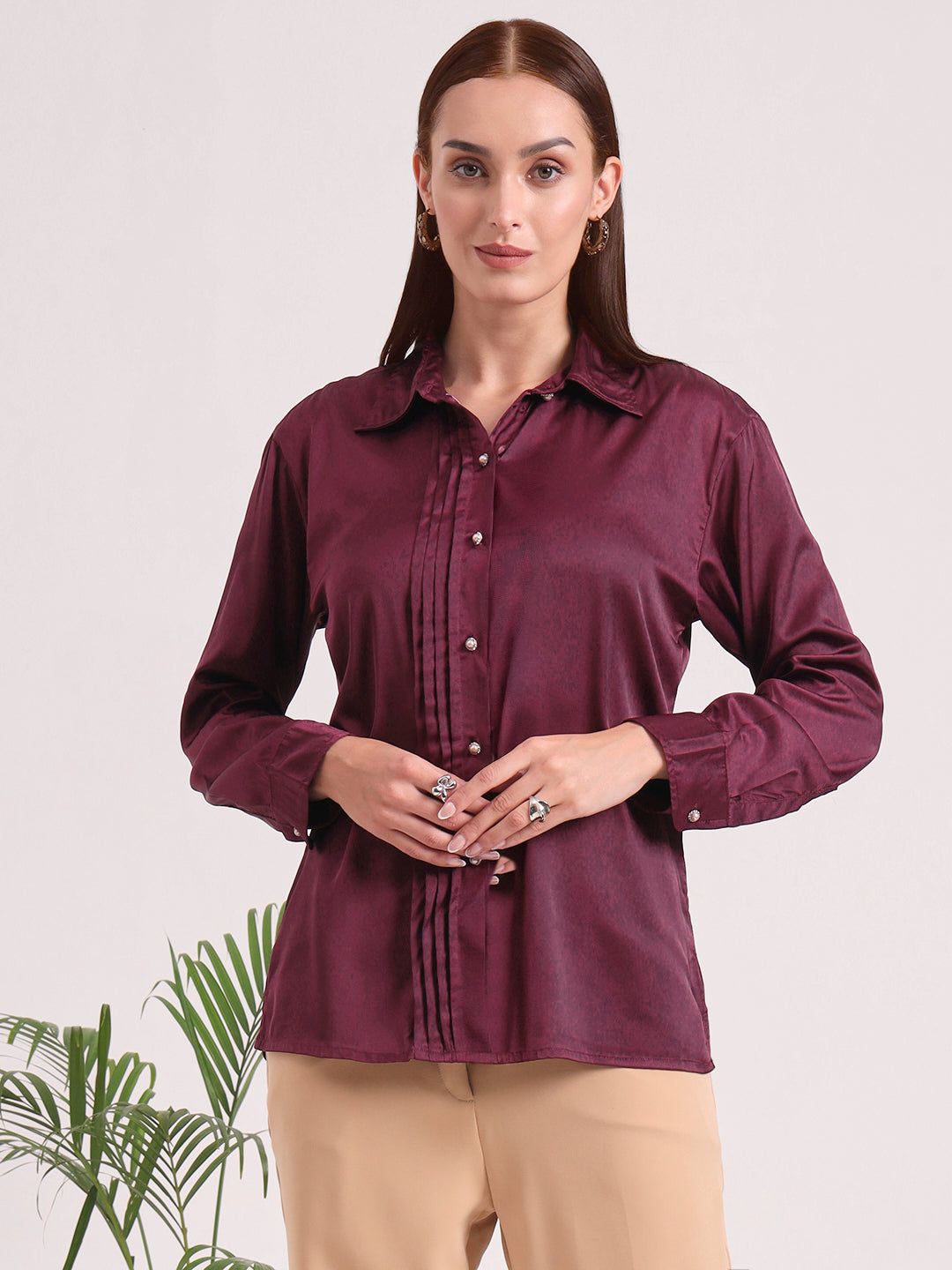 Tailored Fit European Satin Shirt With Pleated Placket-L