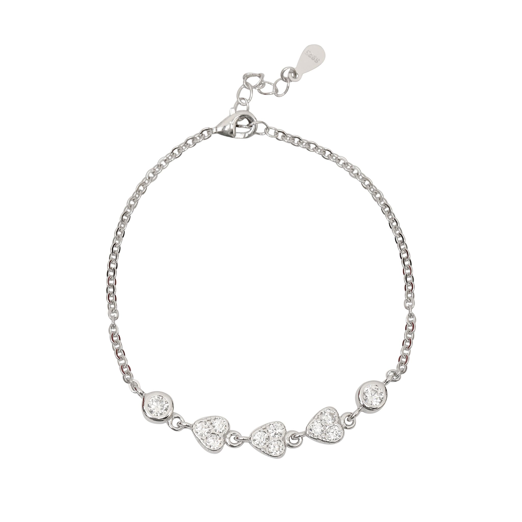 925 Sterling Silver Heart Charm Bracelet with Cubic Zirconia for Women & Girls