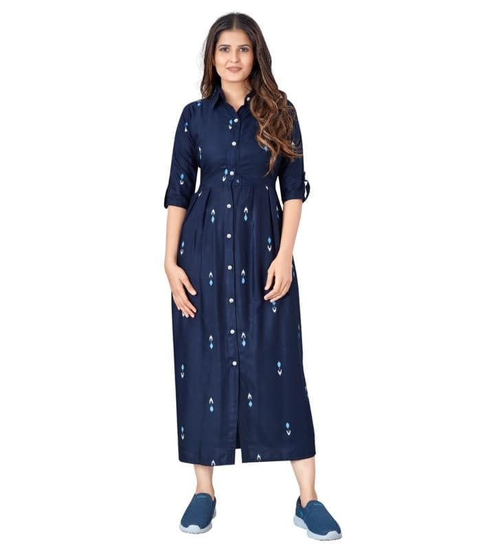 Women's Casual 3/4th Sleeve Printed Rayon Kurti (Blue, M)-PID46183