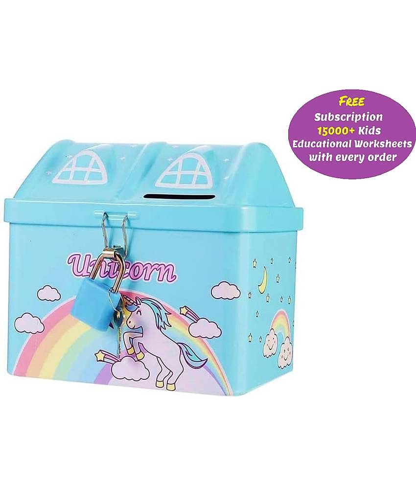 Shape Unicorn Printed Metal Coin Bank Piggy Bank for Kids with Lock(Blue) (Free subscription of kids Educational worksheets)