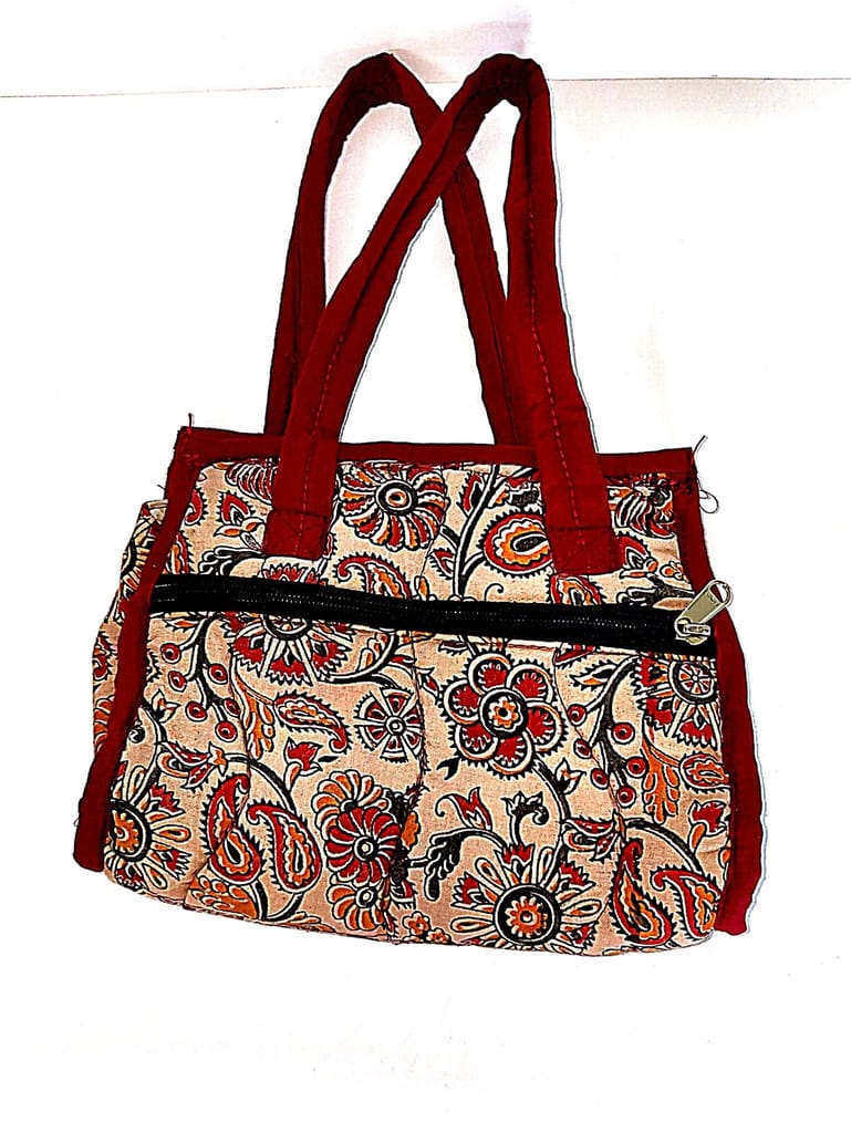 Floral prin kalankari t handbag with double handles