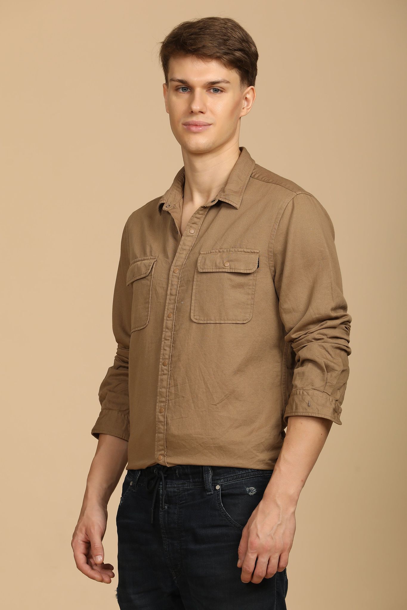 Marcus - Soft Texture Cotton Shirt - Khaki-S-38 / KHAKI