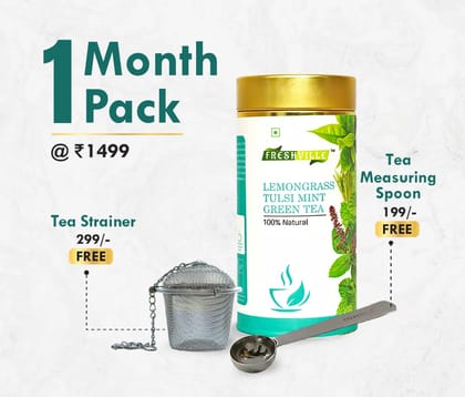 Freshville Lemongrass Tulsi Mint Green Tea | Pure & Natural | Immunity Booster | Control Cholesterol | Heart Health | Lemongrass, Tulsi leaves, Mint, Green tea Tin (100g).1 Month Pack