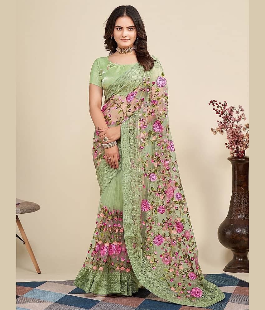Apnisha Net Embroidered Saree With Unstitched Blouse Piece ( LightGreen )