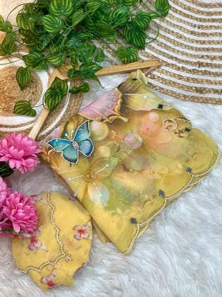 Very Soft nd elegant Rich look georgette silk fabrics with butterfly digital print with hand khatli moti work outing nd mirror nd moti work border aarcoPaired with running fabric digital blouse with handwork khatli
