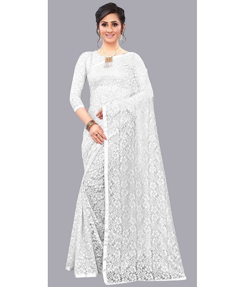 Indy Bliss Net Saree With Unstitched Blouse Piece ( White )