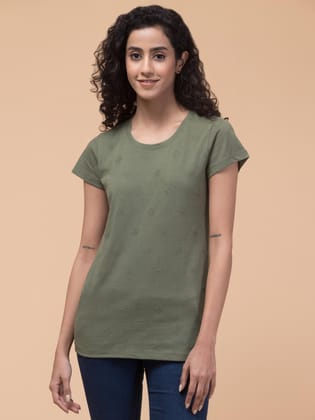 Hive91 Embroidered Floral T-Shirt Mehandi Green Short-Sleeved  XXL