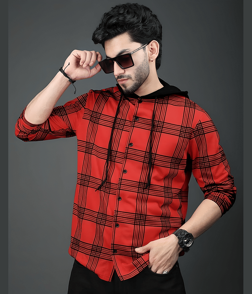 LAMATE Cotton Blend Regular Fit Checks Full Sleeves Men's Hooded T-Shirt - Red ( Pack of 1 )