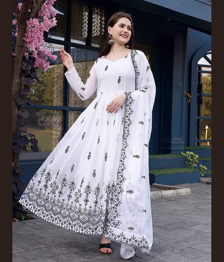 Trijal Fab White Anarkali Georgette Women's Stitched Ethnic Gown ( Pack of 1 )