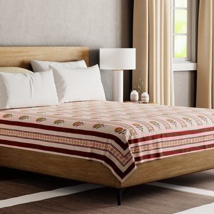 Hand Block Printed Bed Cover 90x108-Orange / Maroon / Green / 100% Cotton / 90x108 Inches