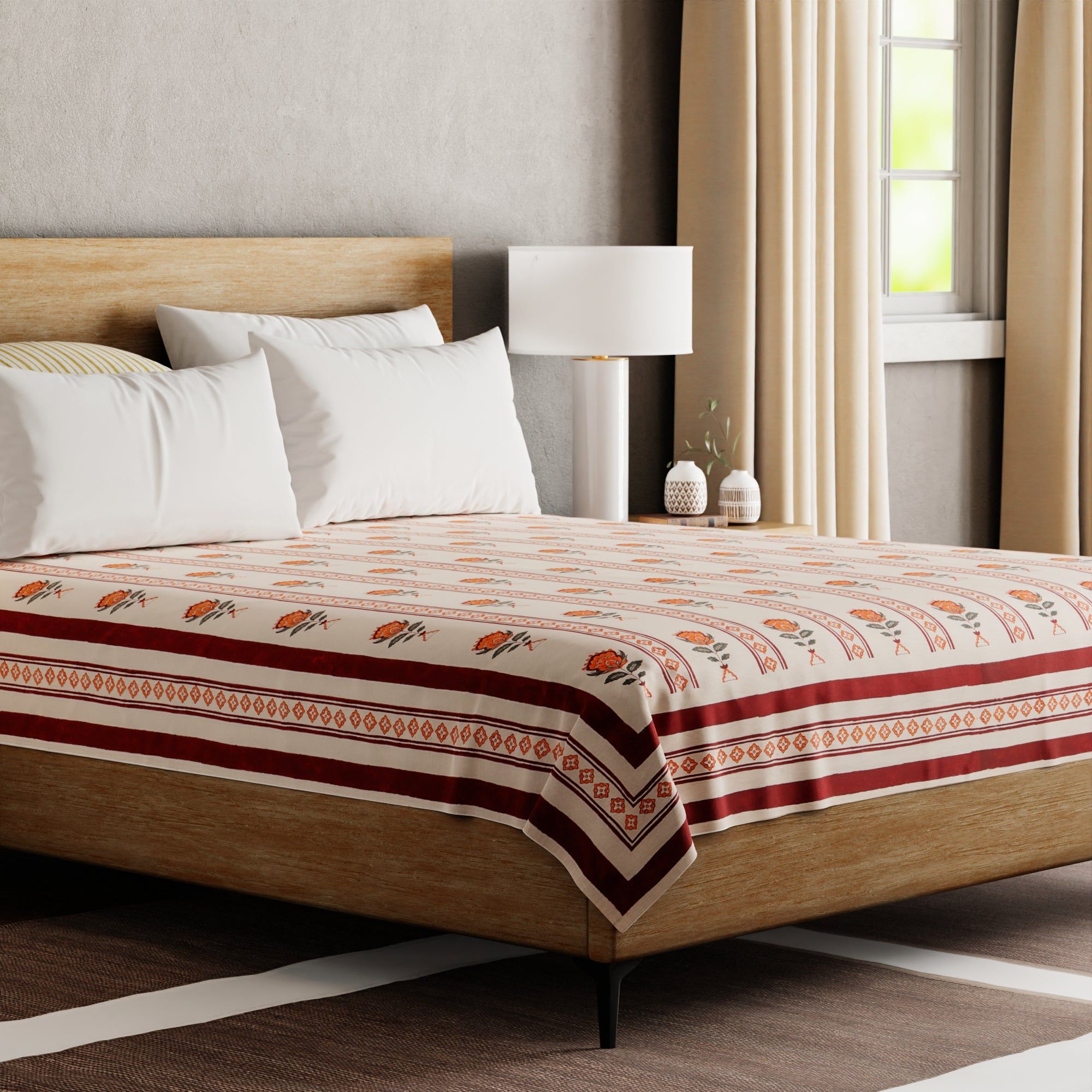 Hand Block Printed Bed Cover 90x108-Orange / Maroon / Green / 100% Cotton / 90x108 Inches