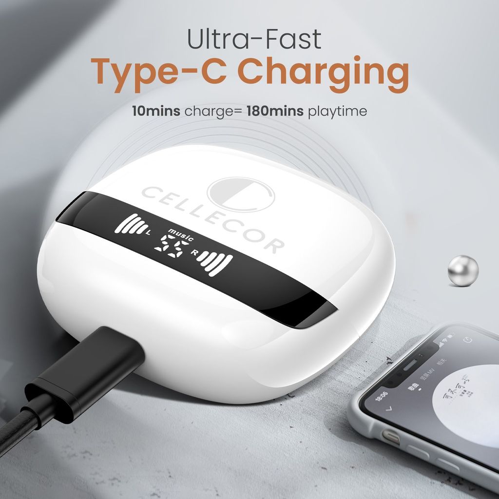 Cellecor BroPods C107 GLOSS TWS with 40H Playtime, ENC, 5.1v BT, 50ms Low Latency Gaming Bluetooth- White