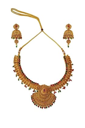Traditional Gold Tone Necklace Set with Jhumka Earrings, Red Green Stone Embellished, Ethnic Indian Jewelry