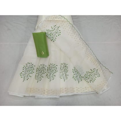 Stylish Kota Doria Cotton Bel Embroidery White Saree Handdyed