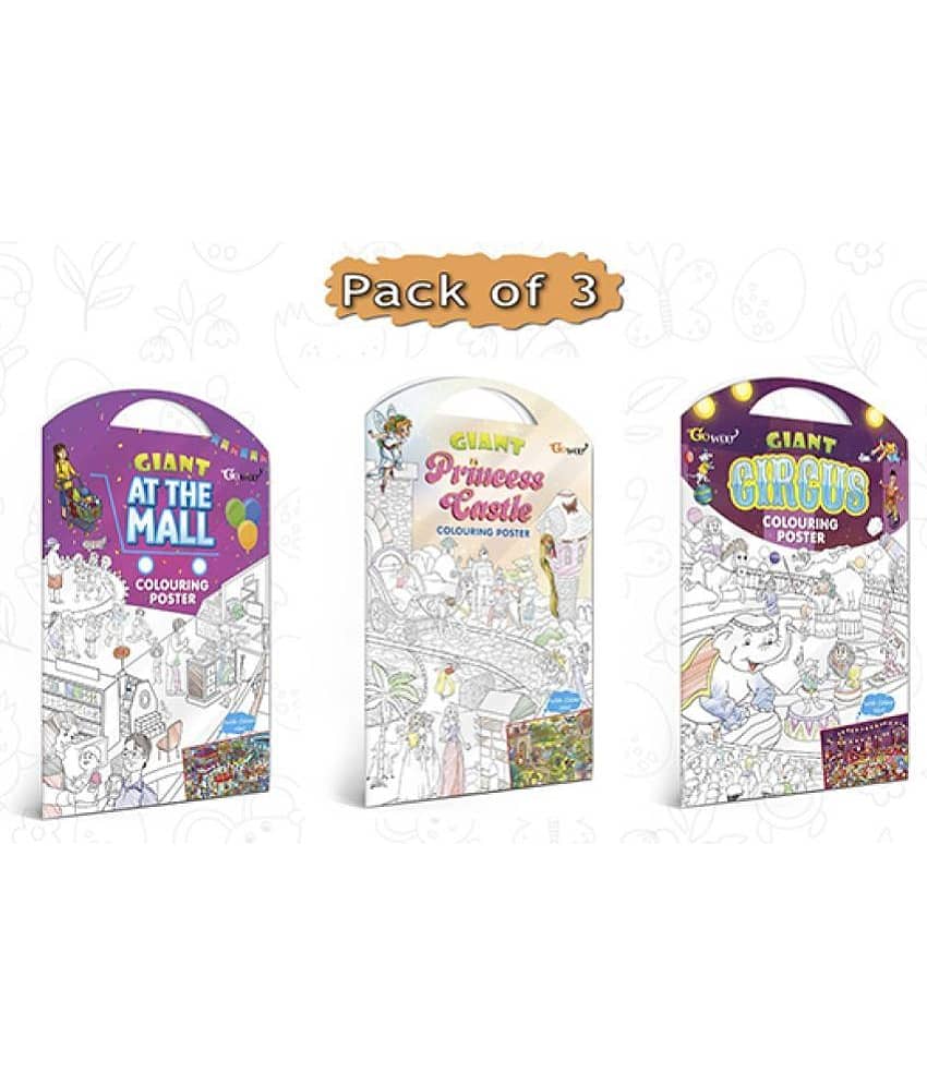 GIANT AT THE MALL COLOURING POSTER, GIANT PRINCESS CASTLE COLOURING POSTER and GIANT CIRCUS COLOURING POSTER | Set of 3 Posters I Peaceful Coloring Combo