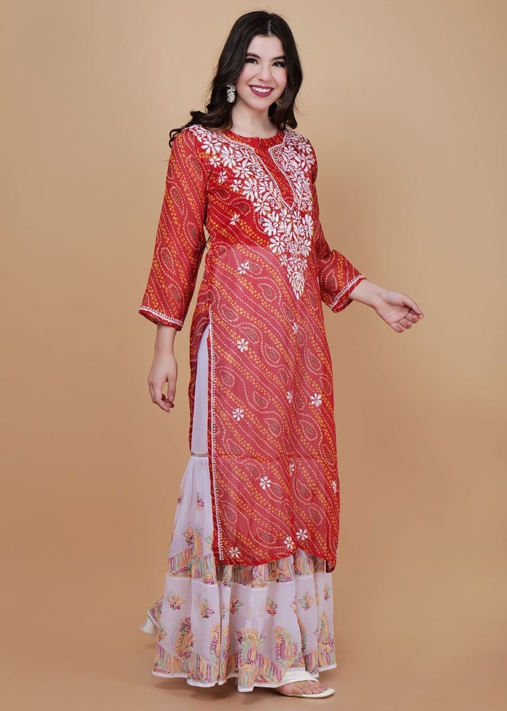 Kota Doria Chikankari Masterpiece Straight Kurta -Darl Red